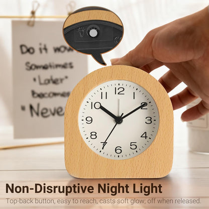 Vintage Solid Wood Analog Alarm Clock, Battery-Operated Alarm Clocks with Non-Disruptive Night Light, Non-Ticking Alarm Clock with Snooze Button and Soft Alarm Tone. (Dark Brown)