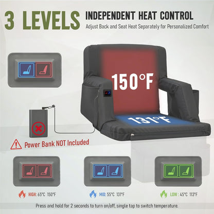 Overmont Heated Wide Stadium Seats 2 Pack, Dual-Zone Heat | 3 Heat Levels with Independent Control, 6 Recline Positions, Soft Cushion, Hooks and Pockets for Sport Camping Concerts