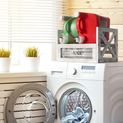 Laundry Detergent Holder with Drip Tray Catcher - Wooden Farmhouse Laundry Room Decor - Rustic Detergent Holder Accessories for New Home Storage, Space-Saving Organizers Decor Must Haves