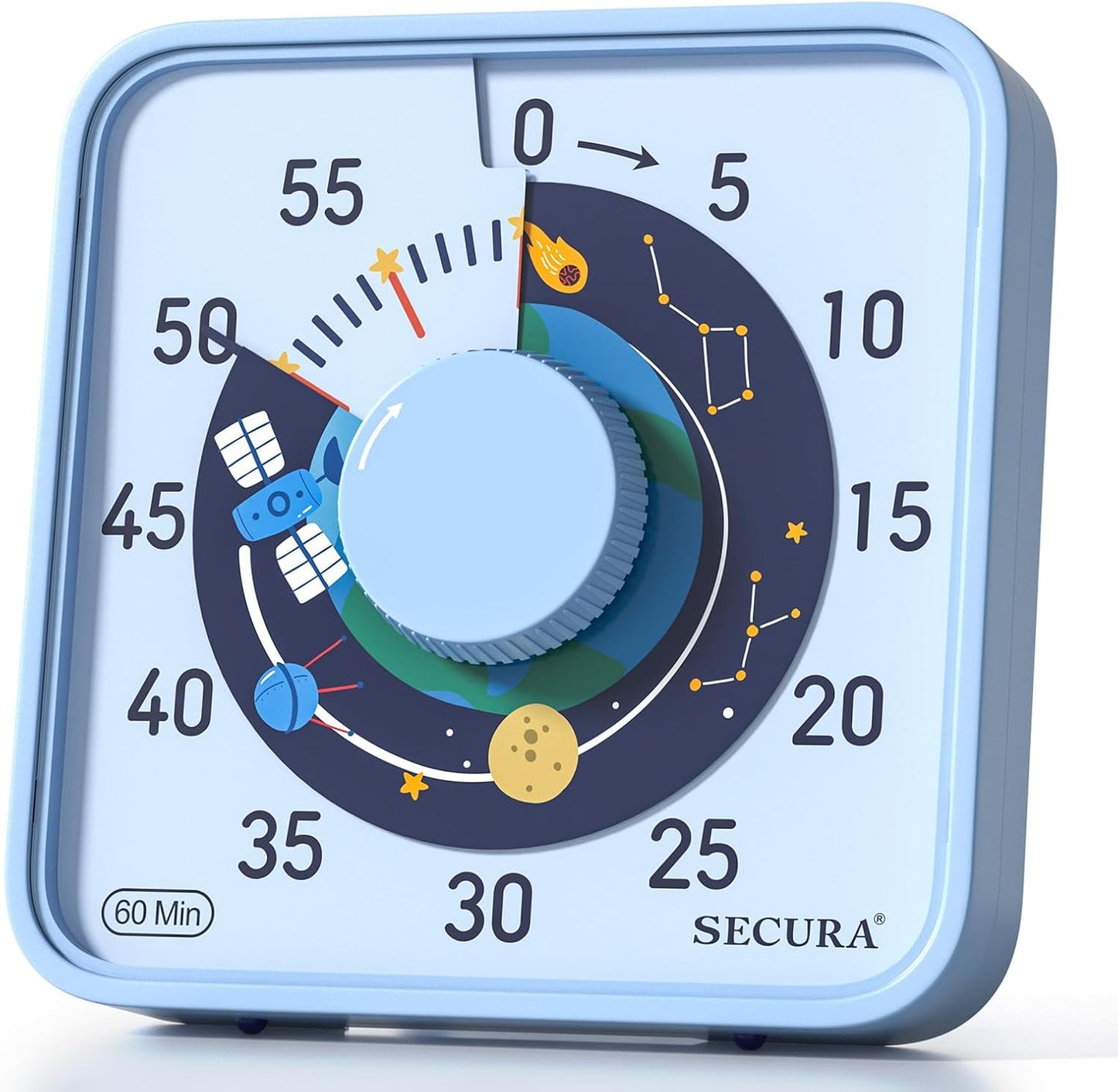 Secura 7.5-Inch Rocket Pattern Visual Timer for Kids, 60-Minute Countdown Timer for Classroom or Kitchen, Durable Mechanical Timer Clock with Magnetic Backing (Blue)