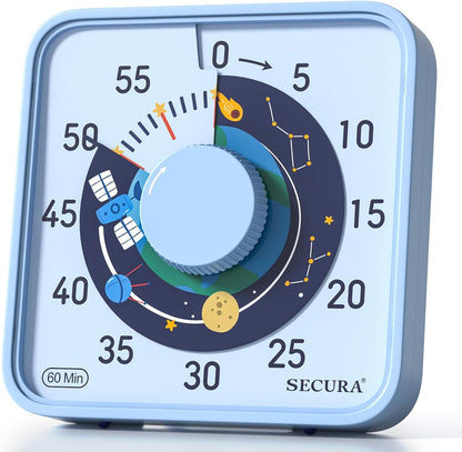 Secura 7.5-Inch Rocket Pattern Visual Timer for Kids, 60-Minute Countdown Timer for Classroom or Kitchen, Durable Mechanical Timer Clock with Magnetic Backing (Blue)