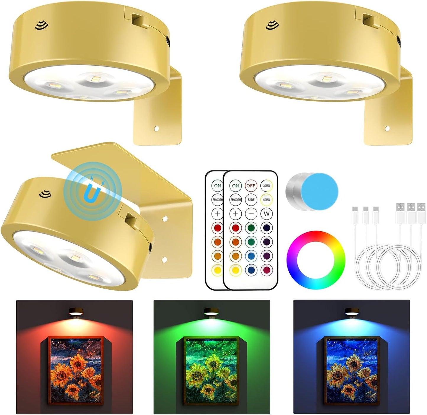 3 Pack Picture Lights for Wall, Rechargeable Battery Operated wall lights, Picture Frame lights with 3 Lighting Modes, Wireless Magnetic Painting Light with Remote Control Timer (White, 3 Pack)