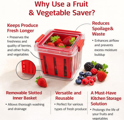 Home & Style Produce Storage Container with Colander – Rinse, Drain & Keep Fruits Fresh – BPA-Free Fridge Fruit Saver with Lid – Ideal for Strawberries, Blueberries & Vegetables