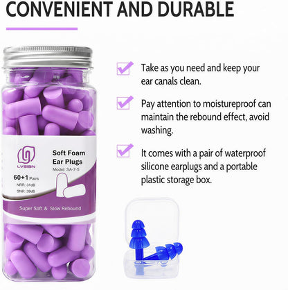LYSIAN Foam Ear Plugs for Sleep, 60 Pairs, 38dB SNR, Purple