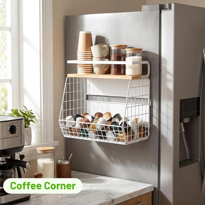 Magnetic Shelf for Fridge with Wood Lid, Fruit Potato and Onion Storage Bins, Pantry Organizers & Storage, Large Container Magnetic Spice Rack for Refrigerator, Kitchen Counter, Cabinet | Strong magnet holds 50lbs, ventilated bin for produce, versatile