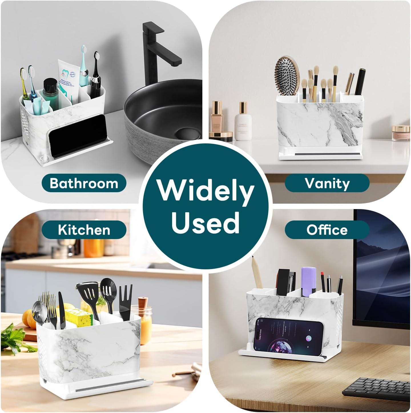 Bathroom Organizers and Storage 6 Slots Wood Grain Electric Toothbrush Holders with Phone Holder and Adjustable Dividers, Cord-Friendly Toothbrush Organizer with Drainage for Family, Kids