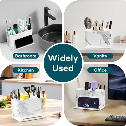Bathroom Organizers and Storage 6 Slots Wood Grain Electric Toothbrush Holders with Phone Holder and Adjustable Dividers, Cord-Friendly Toothbrush Organizer with Drainage for Family, Kids