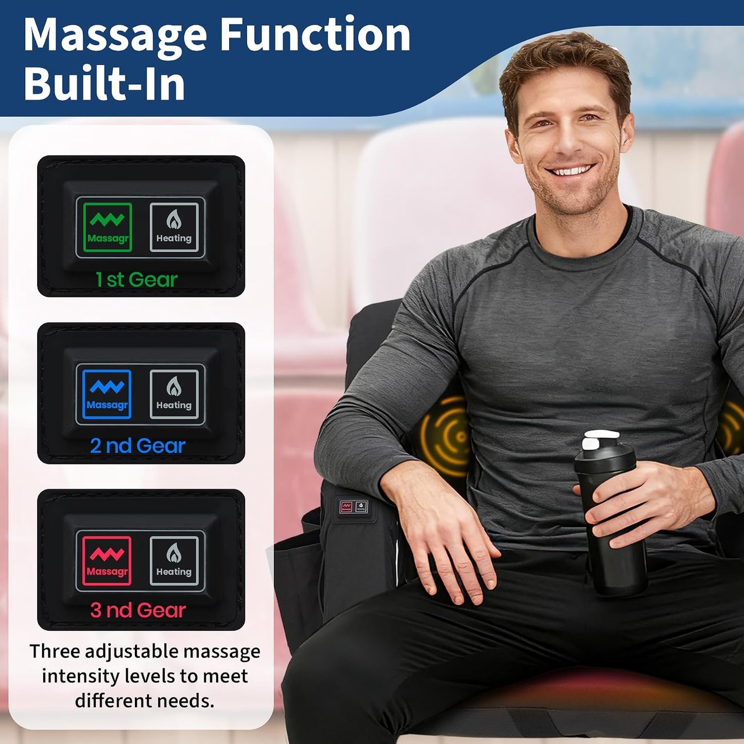 25Inch Massage & Heated Stadium Seats with Back Support and Padded Cushion - 3 Level Heating & Massage Extra Wide Bleacher Chair with Anti-Slip Mat - Football Seats, 6 Adjustable Angle, Pockets