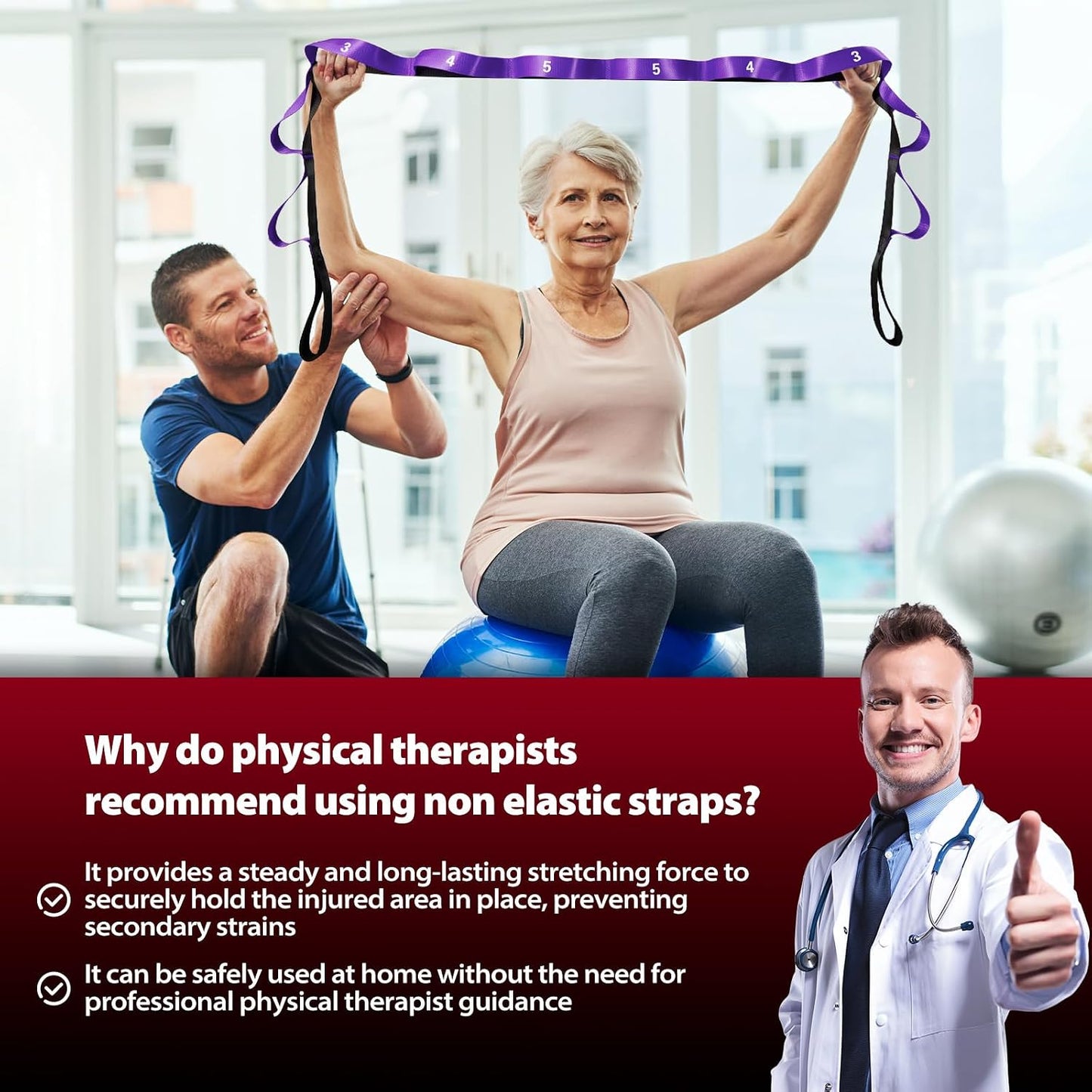 Acozycoo Stretching Strap with Loops for Physical Therapy,Knee,Calf,Back | Yoga Strap for Stretching,Non-Elastic Stretch Band,Rehab,Pilates,Flexibility Training,Hamstring,Leg Lifter,Fascia,Leg,Hip