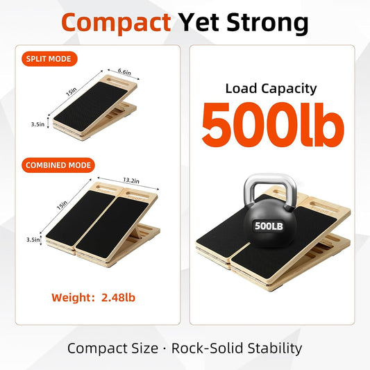 Slant Board for Exercise, Split Calf Stretcher for Physical Therapy | Split design for shoulder-width stance, single-leg rehab, ankle mobility, squats, non-slip wood, adjustable incline.