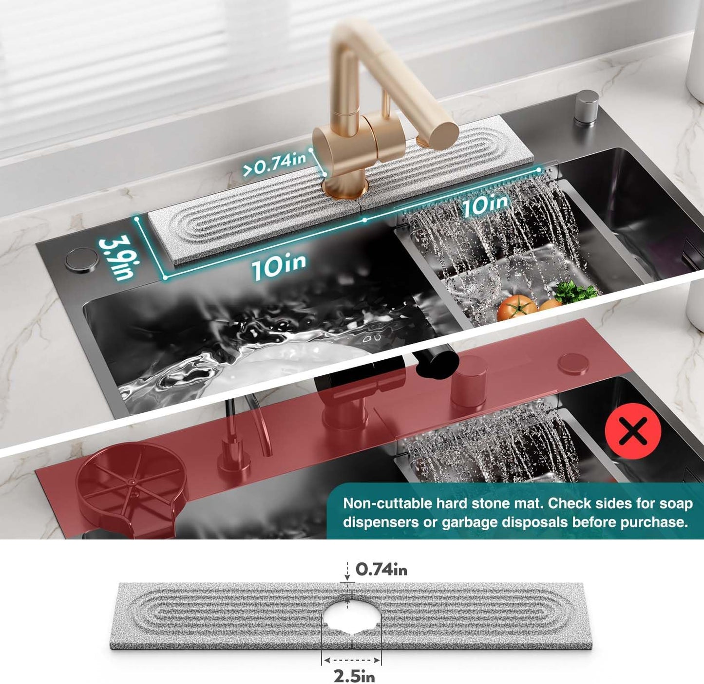 Stone Faucet Mat for Kitchen Sink – Diatomite Drying Stone Mat & Sink Protector, Prevents Moisture – Sink Splash Guard Water-Absorbing Stone Tray for Bathroom Counter (Light Grey, 20" x 3.9")