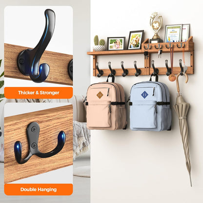 Evermagin 29" Coat Rack Wall Mount with Shelf & 11 Hooks, Entryway, Black | Wooden Wall Mounted Coat and Key Rack with Hooks, Key Hanger with Mail Holder for Living Room, Mudroom, Bedroom