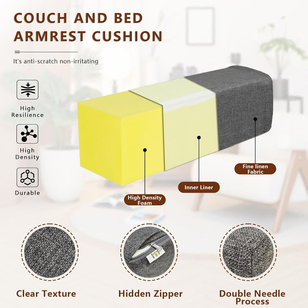 2 Pack Couch Arm Rest Pillow, 6''x6''x20'' Faux Leather Waterproof Cover, High Density Foam Armrest Cushion, Removable & Washable Elbow Support for Sofa, Bed, and Armchair (Medium Grey)