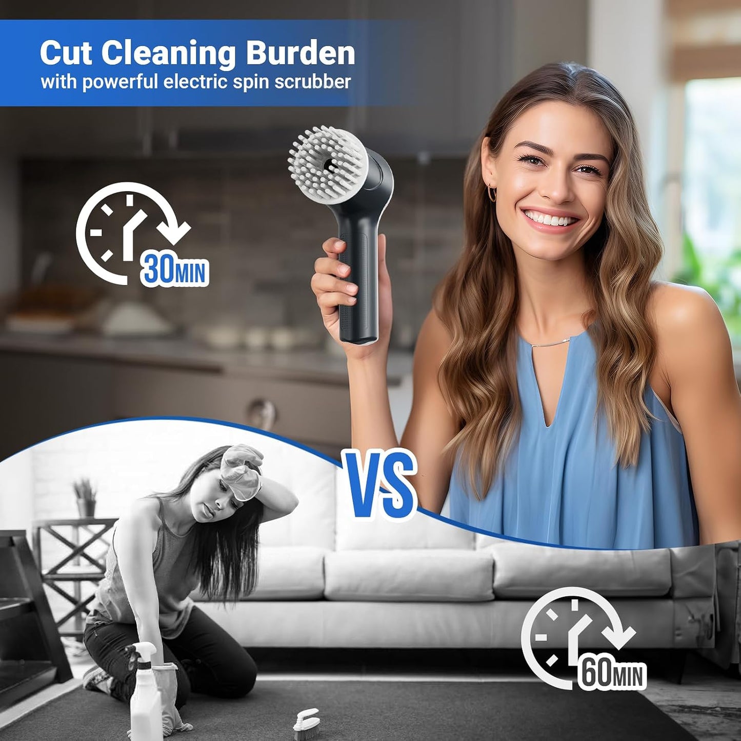 PUFTEM Electric Spin Scrubber, Cordless Shower Scrubber | Battery Level Display, Dual Speed, 6 Replaceable Brush Heads, IPX7 Waterproof, Long Runtime, Tub, Tile & Sink Cleaning