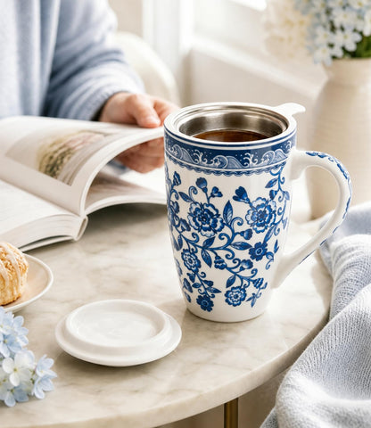 AmorArc Tea Cup With Infuser and Lid, 18oz Loose Leaf Tea Mug With Steeper | Porcelain Tea Mug With Infuser and Lid, Strainer Tea Cup for Tea Lovers, Home & Office, Housewarming Birthday Gift