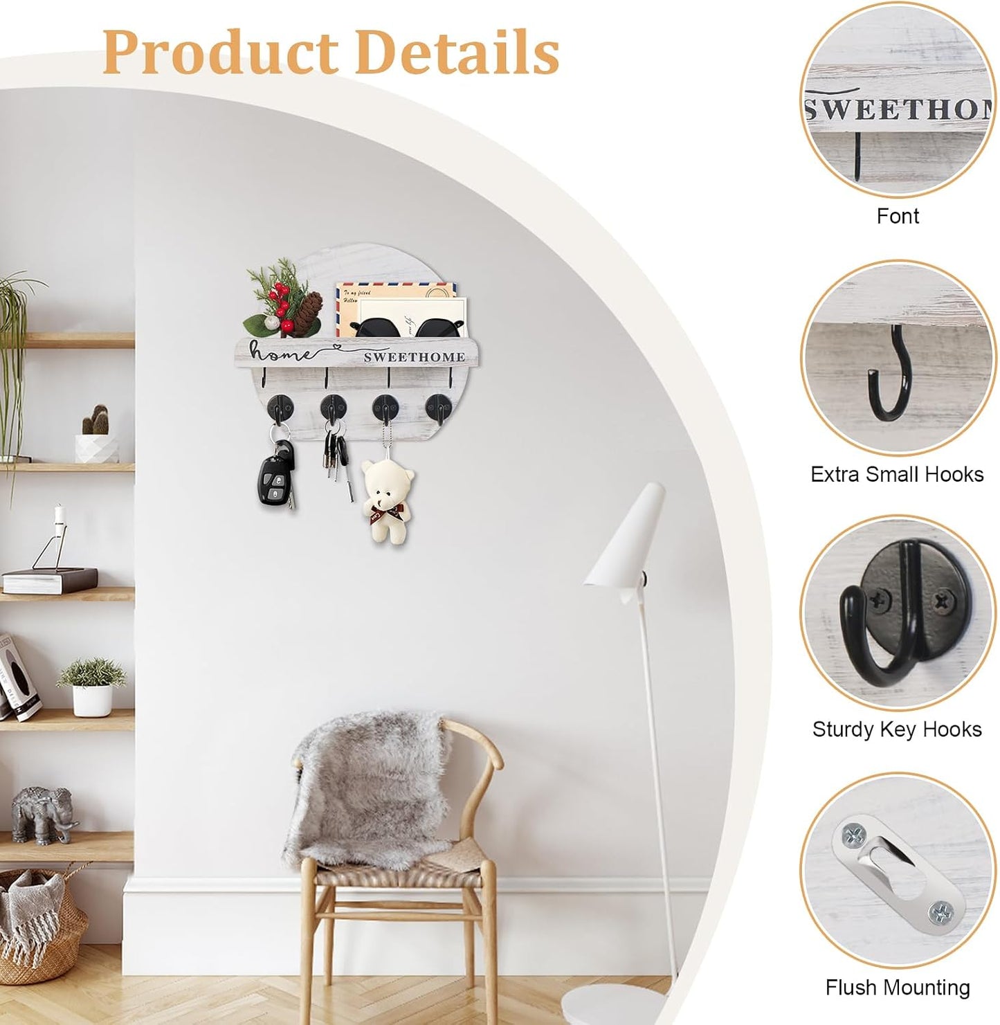 Key Holder for Wall, Key and Mail Holder Organizer - Key Holder Wall Mount with Bouquet Shelf and Key Hooks, Round Wooden Rustic Key Rack for Entryway and Home Decor (Black)