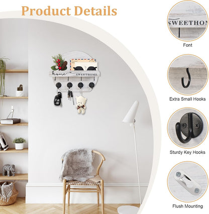 Key Holder for Wall, Key and Mail Holder Organizer - Key Holder Wall Mount with Bouquet Shelf and Key Hooks, Round Wooden Rustic Key Rack for Entryway and Home Decor (Black)