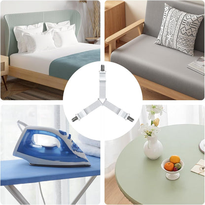 FeelAtHome Adjustable Bed Sheet Clips & Corner Fasteners, 4 Pack, White | Heavy Duty Elastic Straps Keep Fitted Sheets Securely in Place. Ideal Corner Holders for Twin, Queen, King, RV & Bunk Beds