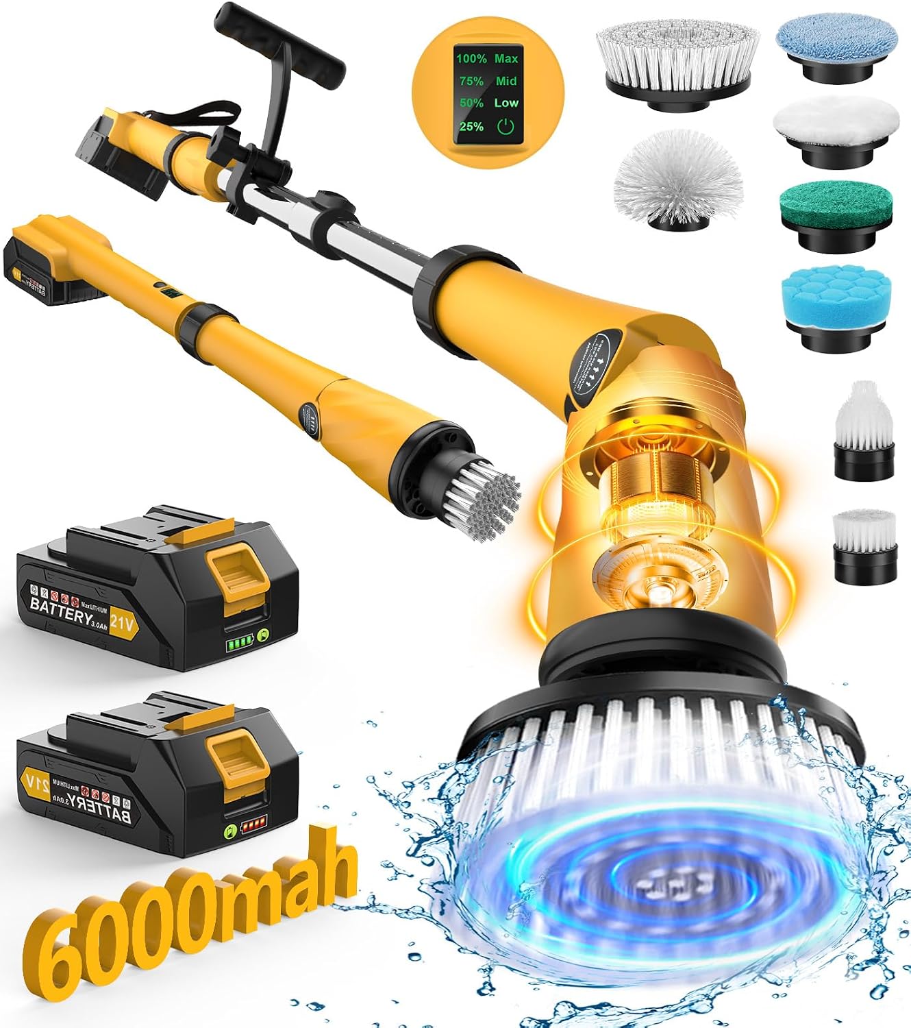 Qimedo Electric Spin Scrubber Q3, 6000mAh, Extra-Large Brush Head, 1200RPM | Floor Scrubber Machine with Long Handle, Cordless Cleaning Brush, 8 Brush Heads and Smart Display for Showers, Tubs and Tile