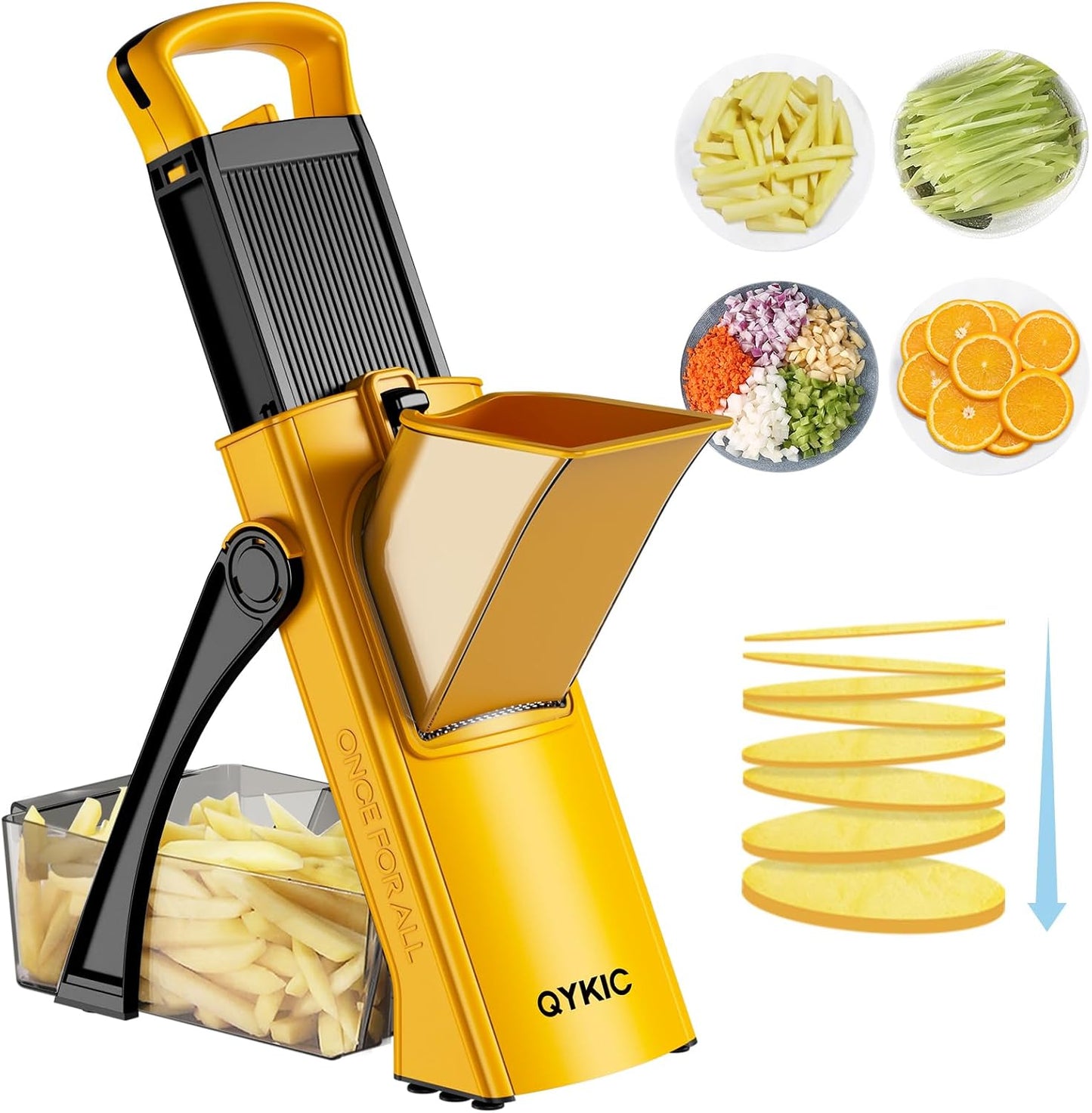 QYKIC Safe Mandoline Slicer for Kitchen, Adjustable Potato Slicer Pro | 0.1-8mm Vegetable Chopper Fry Cutter Julienne Dicer Large Chute Stainless Steel Blades Detachable Dishwasher Safe Gifts