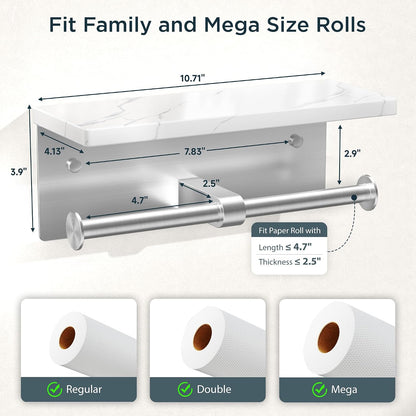 FORIOUS Toilet Paper Holder with Shelf, Natural Marble, Commercial | Brushed Nickel, Wall Mount 304 Stainless Steel Commercial Bathroom Tissue Roll Dispenser, Heavy Duty Washroom Paper Storage