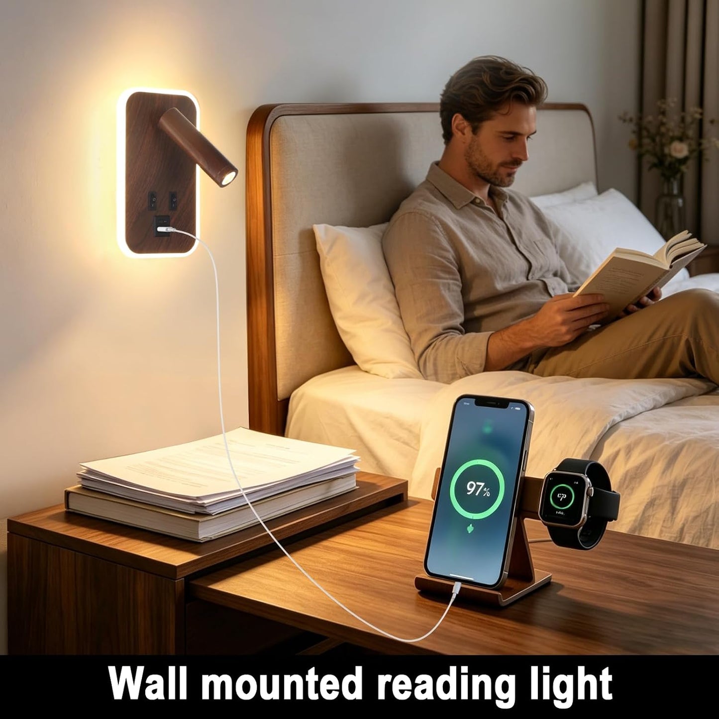 Plug in Wall Sconce with Wall Mounted Reading Lights with Switch | Wall Lamp for Bedroom with Charging Station USB C+A Ports,Bunk Bed Lights with 3W+9W Night Light,Walnut Color Reading Light