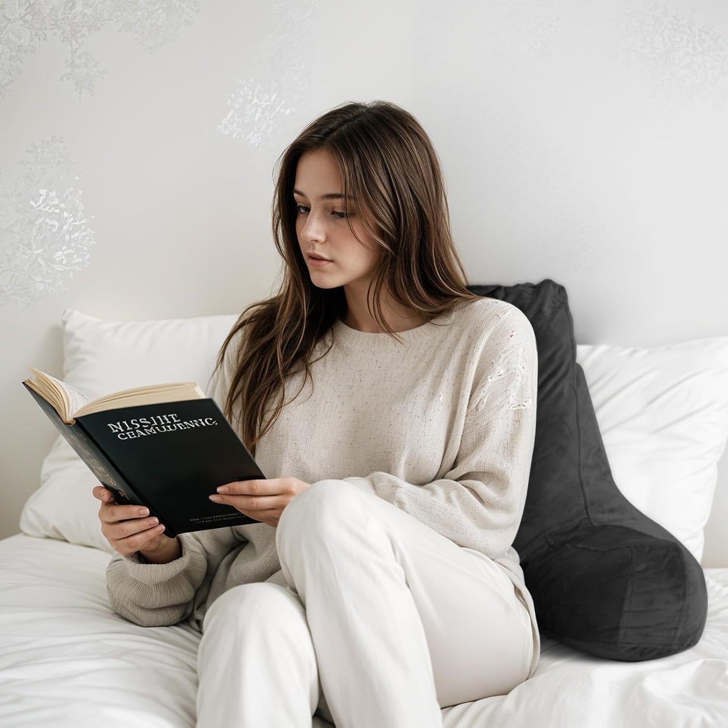 OAISZ Reading Pillow for Sitting in Bed with Shredded Memory Foam, Grey | 19-Inch Back Pillow for Sitting Up in Bed, Extended Arms, Side Pockets, Supportive Adjustable Pillow Removable Washable Cover
