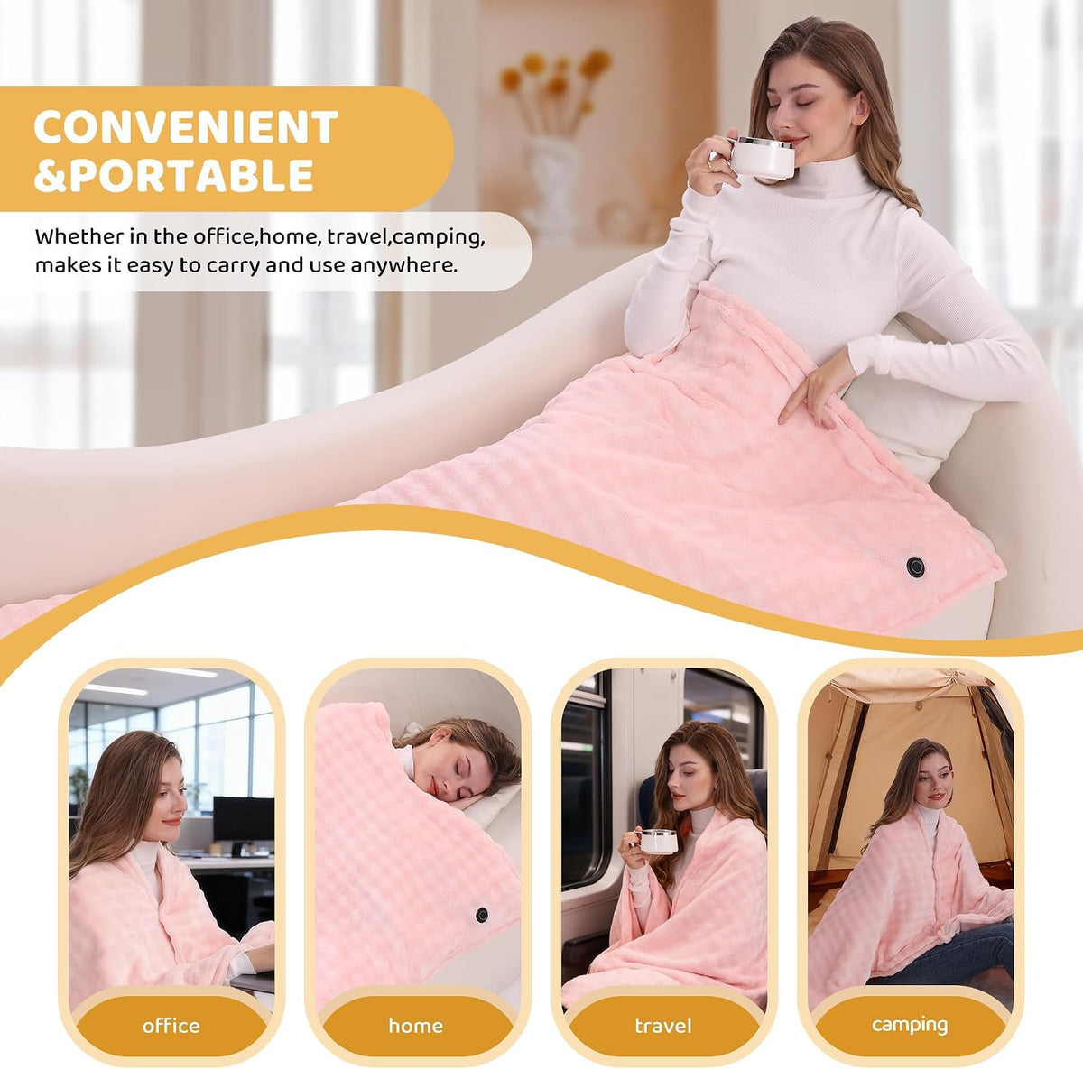 Cordless Heated Blanket, Battery Operated Heating Blanket with 20000mAh Rechargeable Power Bank, Portable Heated Throw Blanket, 59"x 35.5" Electric Heated Shawl, 3 Fast-Heating Levels (Pink)