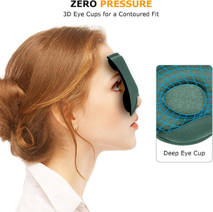 Sleep Mask for Side Sleepers, 3D Contoured Eye Mask with Thickened Padded Nose Bridge for Total Light Blockout, Relaxing Sleeping Mask with Adjustable Strap for Nap, Travel, Hotel, Yoga,Green