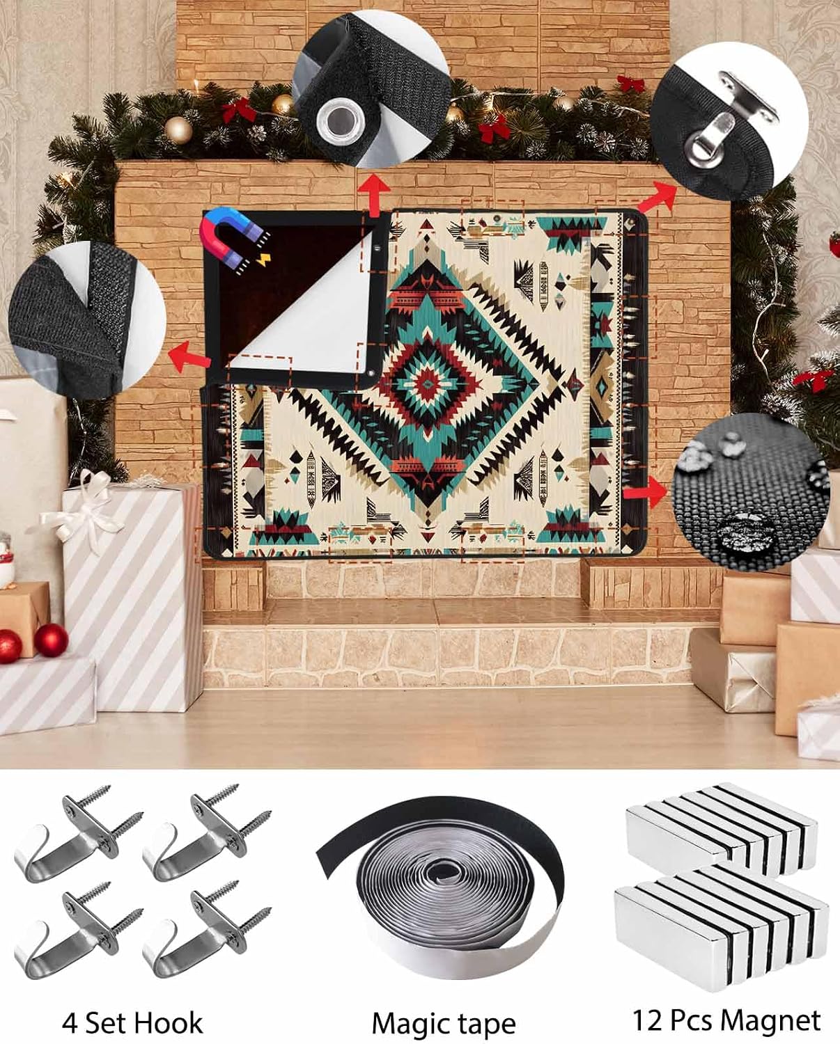 Western Aztec Magnetic Fireplace Cover Decorative Indoor For Brick Fireplace, Rustic Tribal Southwestern Boho Ethnic Insulation Fireplace Blocker Blanket Draft Stop Hot Heat Save Energy, 36"Wx27"H