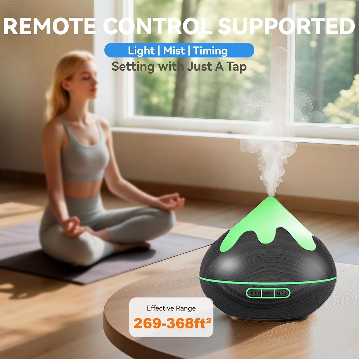 500ML Essential Oil Diffuser, Aromatherapy Diffuser with Remote Control, Multifunctional Air Diffusers for Home Office Room, Fragrance Aroma Diffuser with 7 Color LED & 2 Mist Mode, Brown