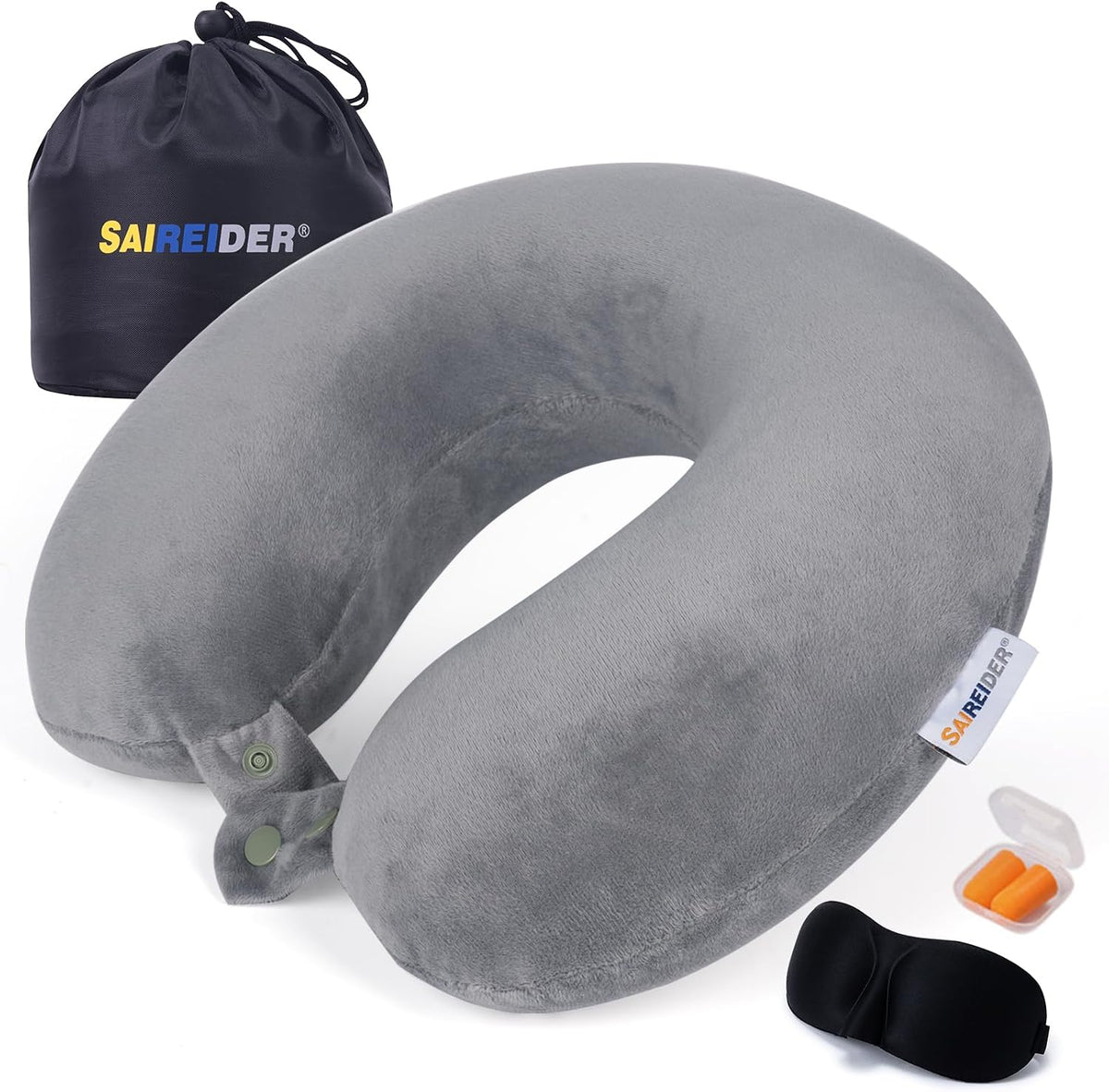 SAIREIDER Travel Pillow 100% Pure Memory Foam Travel Neck Pillow, Airplane Pillow for Traveling、Car、Home、Office，Washable Cover（Black）