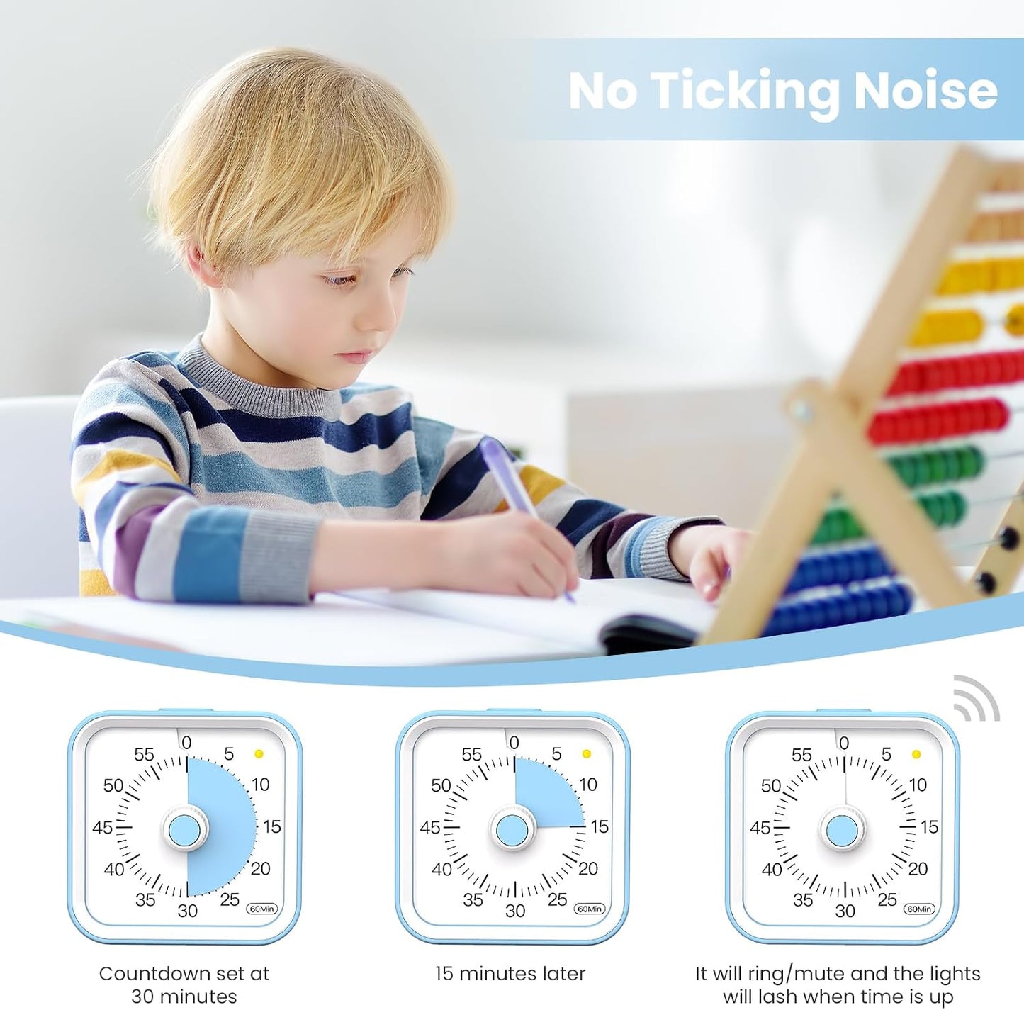Visual Timer for Kids, Countdown Timer with Pause Function, White | Timer for Kitchen Cooking, Classroom, Study, Toddler, ADHD, Cute Timer Clock, Alarm 3 Volume Levels, Light Indicator