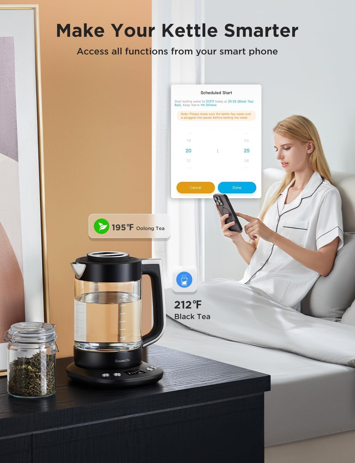 GoveeLife Smart Electric Kettle with Tea Infuser for Loose Leaf, 1.7 L Electric Tea Kettle with Brewing Program, Variable Temperature Control, 2 H Keep Warm & Auto Shut-Off, BPA Free. Black | Electric Tea Kettle with Brewing Program, Variable Temperature