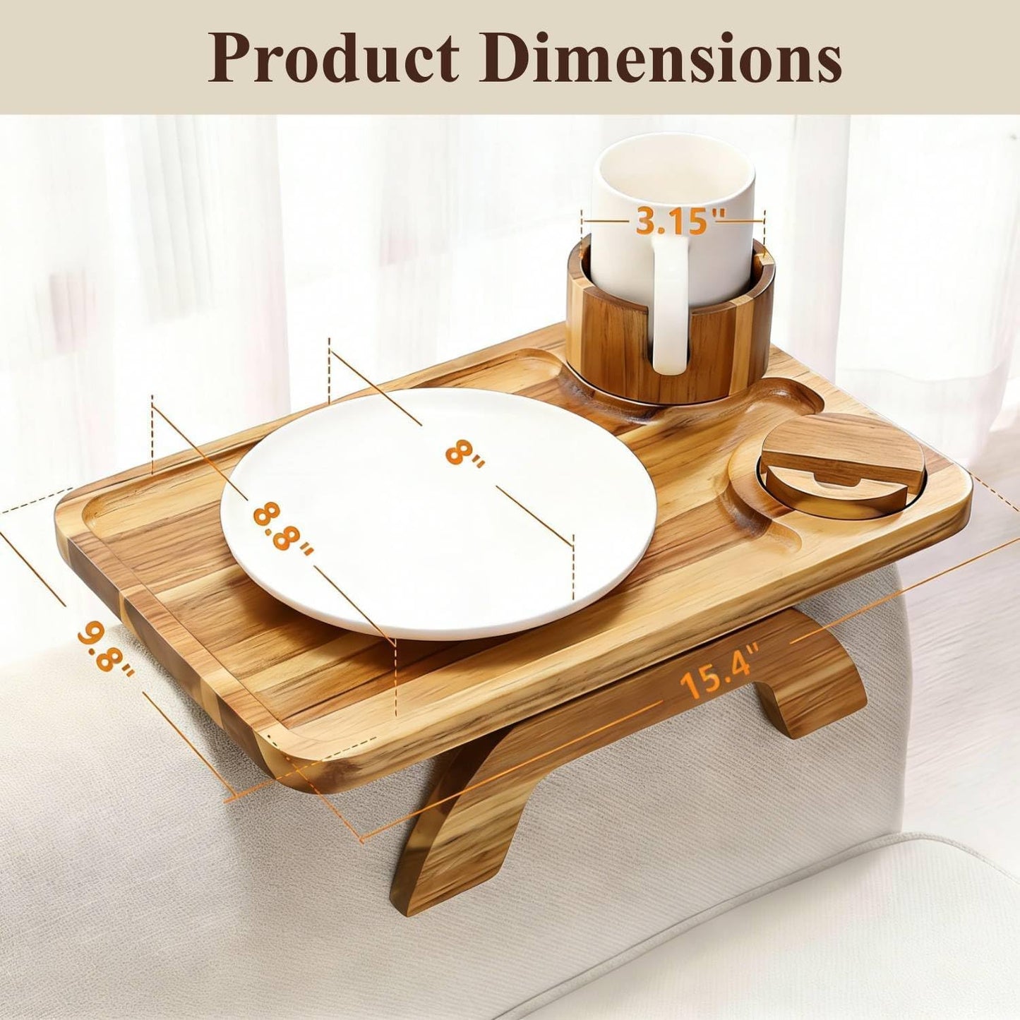 Couch Armrest Table, Acacia Wood Sofa Arm Tray with 360° Rotating Phone & Cup Holder, Clip-On Arm Rest Table for Couch, Anti-Slip Armrest Tray for Snacks & Drinks, 15.4" x 9.8"