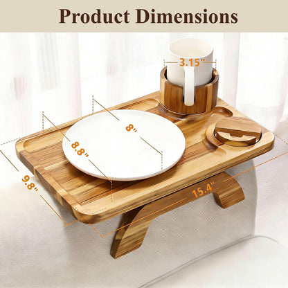 Couch Armrest Table, Acacia Wood Sofa Arm Tray with 360° Rotating Phone & Cup Holder, Clip-On Arm Rest Table for Couch, Anti-Slip Armrest Tray for Snacks & Drinks, 15.4" x 9.8"