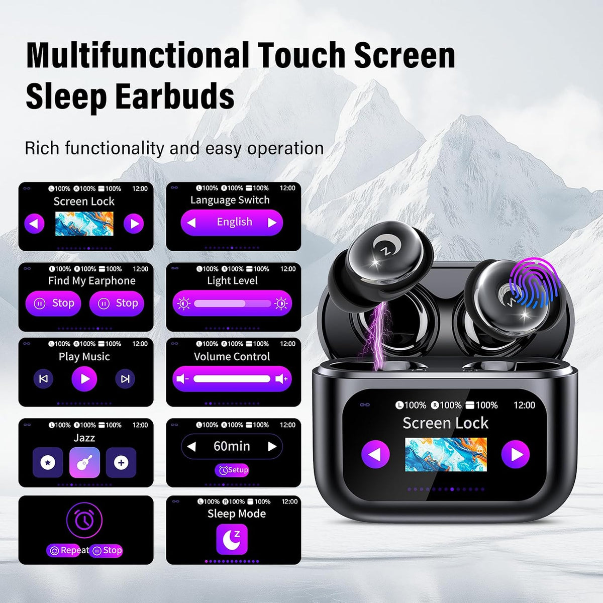 VEKJ Sleep Earbuds Bluetooth 5.4, 48H Smart Touch Screen in Ear Ear Buds, 2025 Mini Sleep Headphones Small Design for Side Sleepers, 5 EQ Modes, Clear Calls, IPX7 Waterproof in Ear Earphones