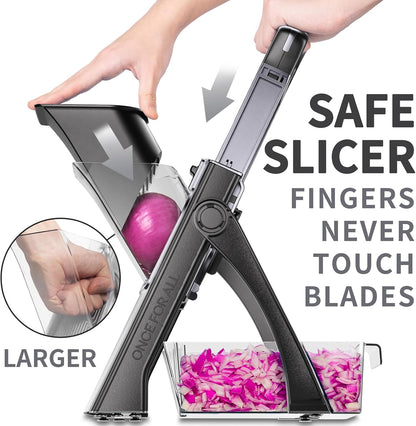 ONCE FOR ALL Safe Mandoline Slicer Plus, Bigger Size, Potato Slicer, Black | 0.1-8mm Adjustable Vegetable Food Chopper, Kitchen Mandoline Slicer Stainless Steel, Detachable Blade, Dishwasher-safe, Gift