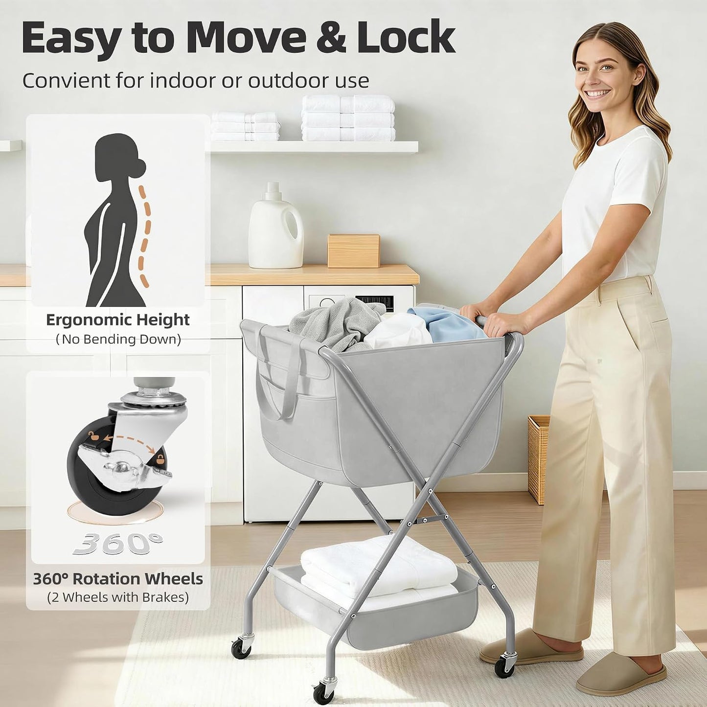 STORAGE MANIAC Collapsible Laundry Cart with Wheels 35.6"H Removable Canvas Bag Rolling Laundry Hamper Clothes Basket with Wheels, Sturdy Steel Frame Folding for Small Narrow Space Easy Storage, Beige