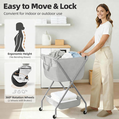 STORAGE MANIAC Collapsible Laundry Cart with Wheels 35.6"H Removable Canvas Bag Rolling Laundry Hamper Clothes Basket with Wheels, Sturdy Steel Frame Folding for Small Narrow Space Easy Storage, Beige