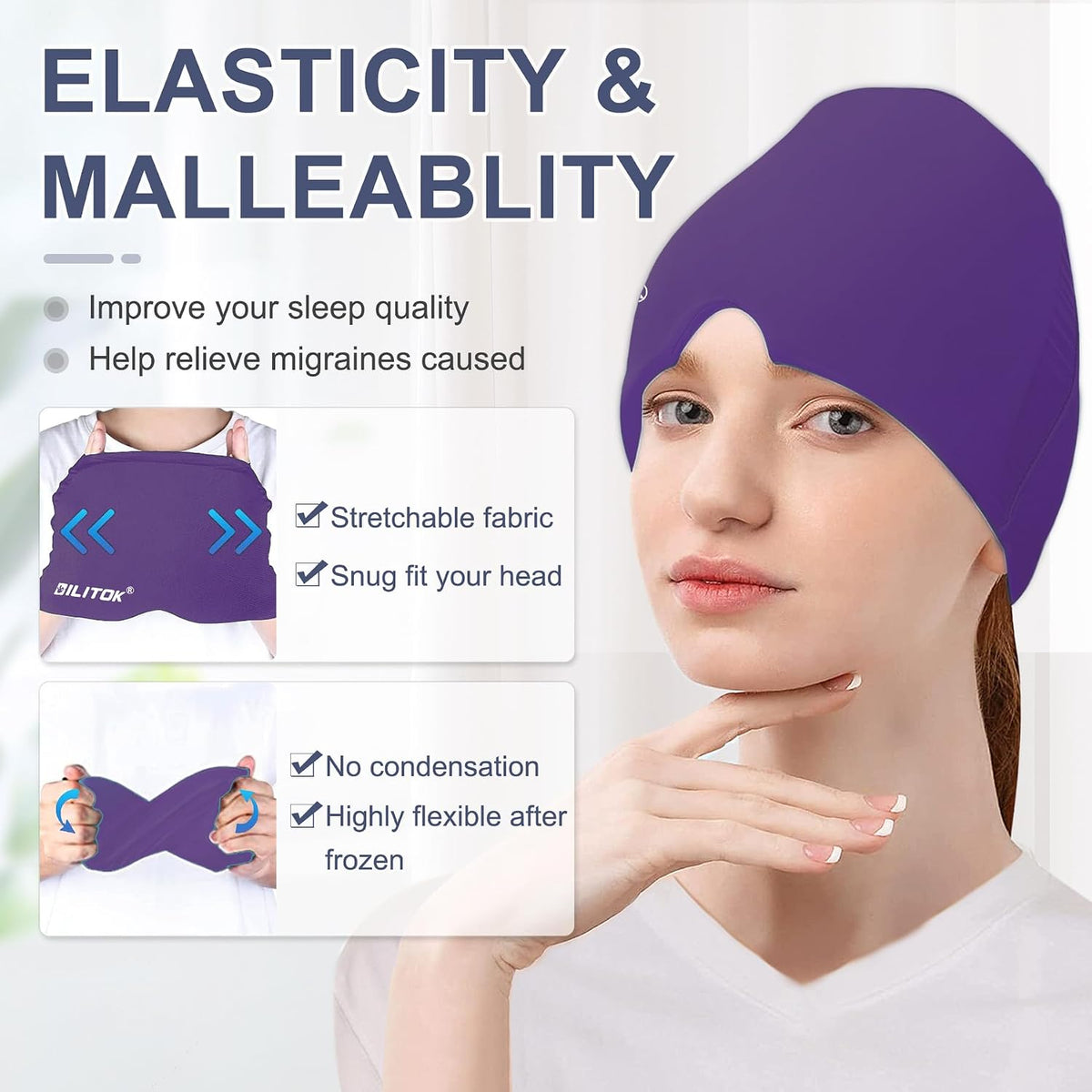 Migraine Headache Relief Cap, Gel Ice Head Wrap, Hot and Cold Therapy, Headache Eyes Mask for Sinus, Puffy Eyes, Tension and Stress Relief (Blue)