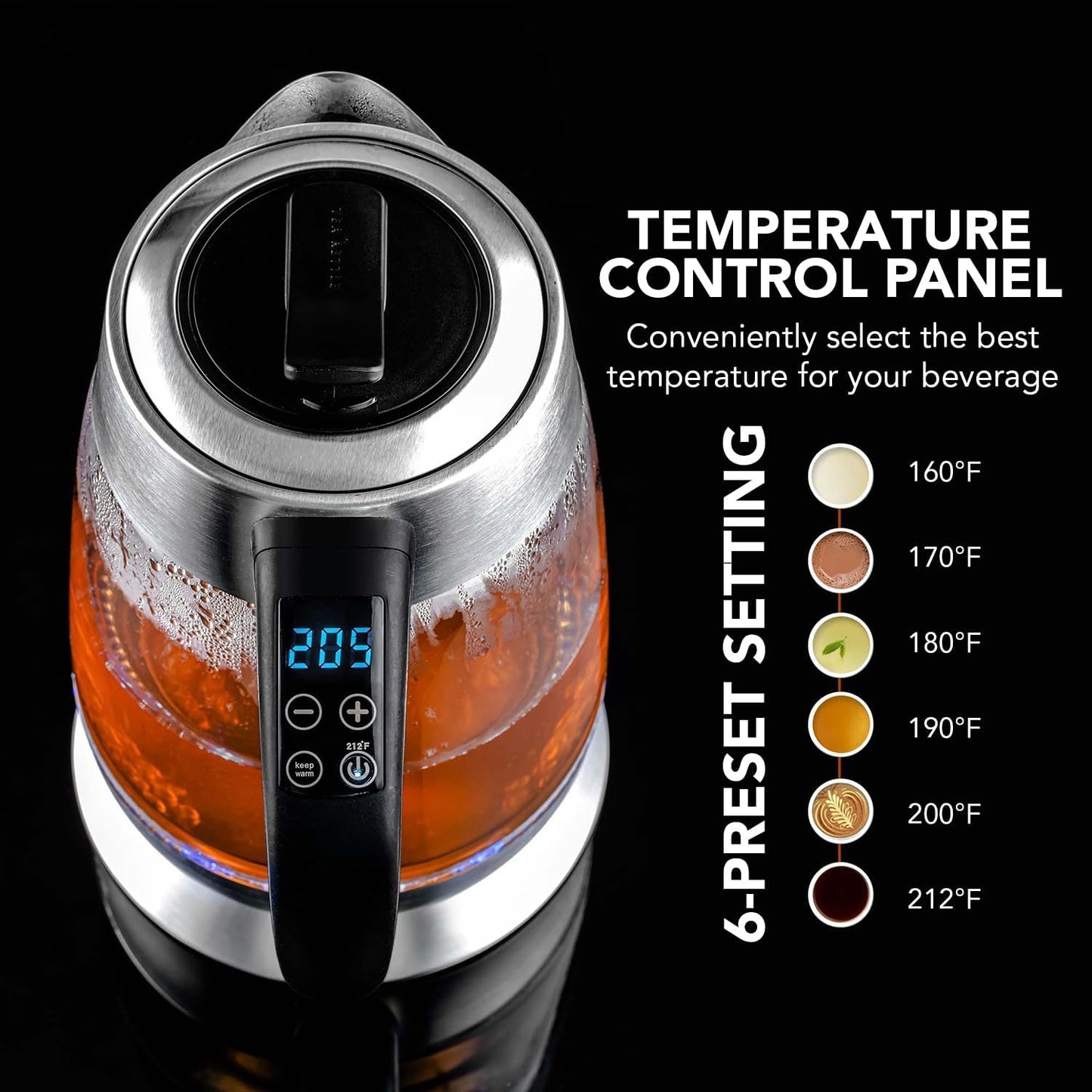 OVENTE 1.8L Glass Electric Kettle with Tea Infuser, Silver KGD752S | 1500W Fast Boiling, Easy Fill Lid, 7 Temperature Control, Keep Warm, Digital Display, Auto Shut-Off, Boil-Dry Protection