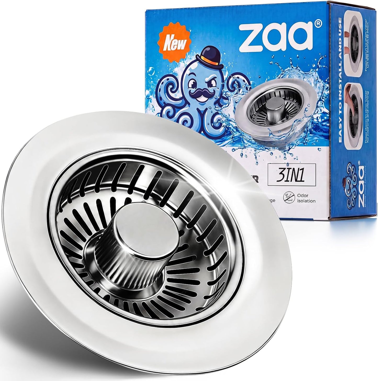 3 in 1 Kitchen Sink Drain Strainer Stopper Removable Basket Pop-Up | Kitchen Sink Food Strainer 1 Pack Silver Stainless - Food Catcher, Odor-Block Seal, Fits 3.5" Drain, Easy Clean