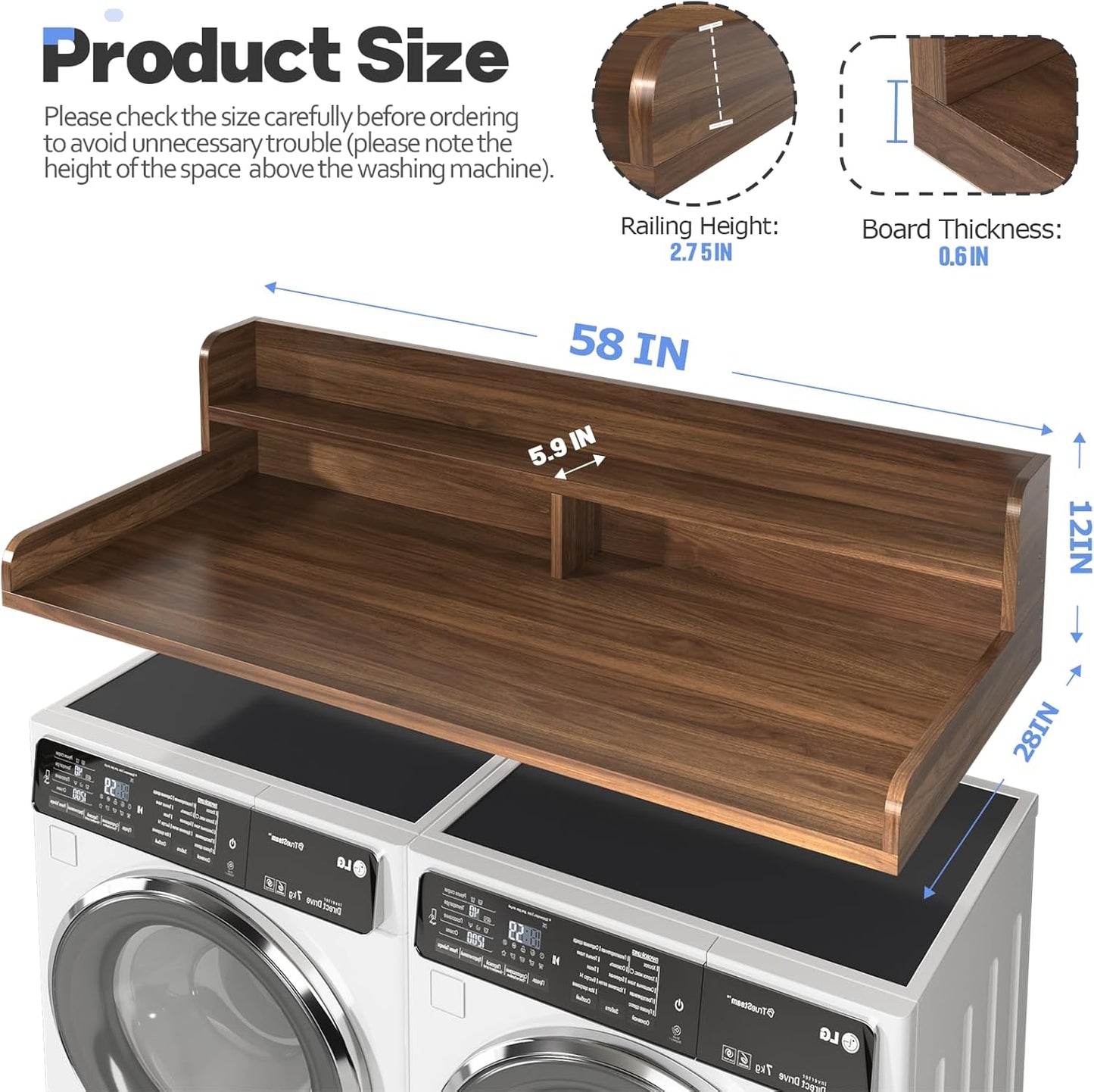 2-Tier Washer and Dryer Countertop with 2.75" H Guard,54" W x 27.5" D Laundry Countertop Cover with Non-Slip Pad,Large Space Laundry Topper for Folding Clothes Over Washer and Dryer-White