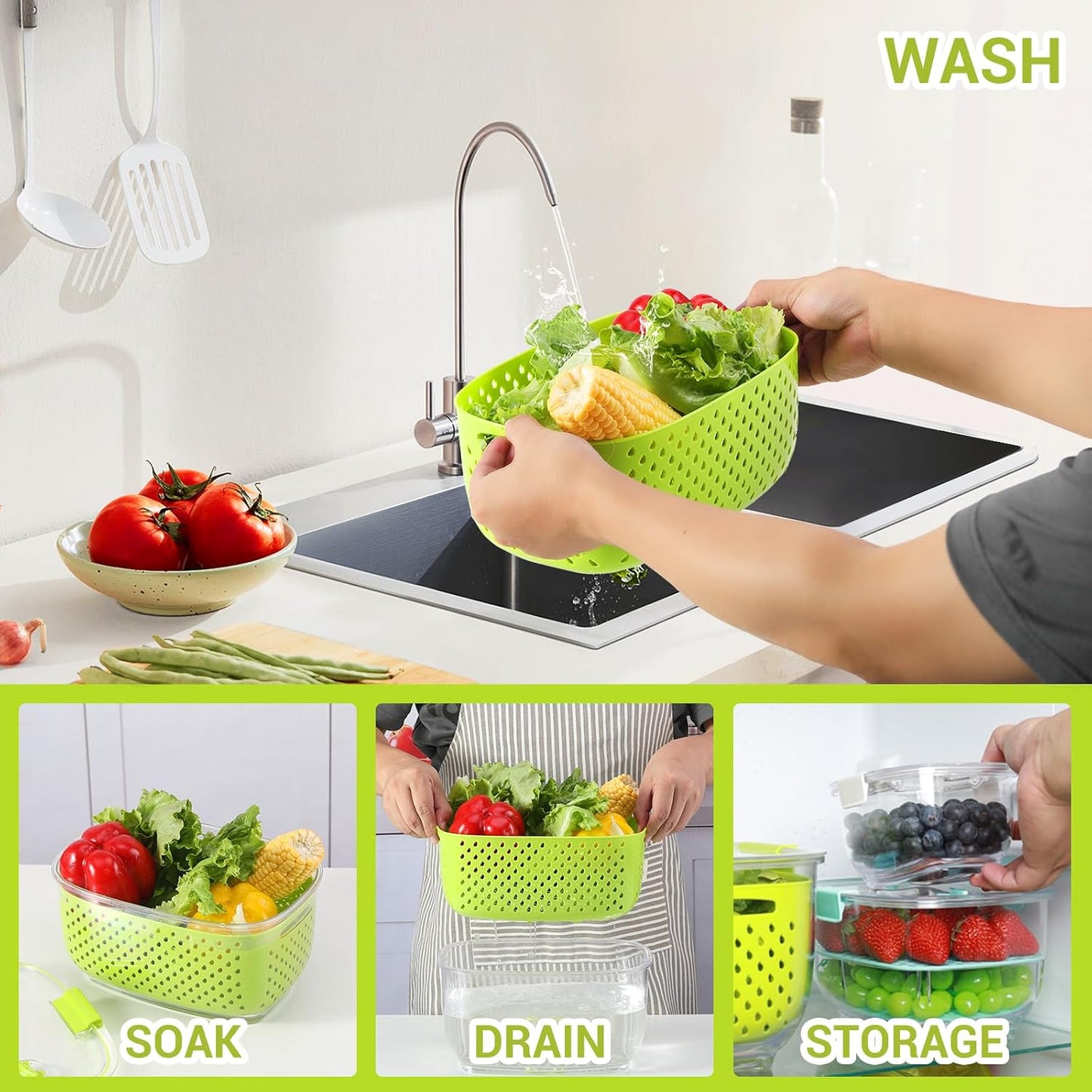 LUXEAR Fresh Produce Vegetable Fruit Storage Containers 3Piece Set, BPA-free, Partitioned Salad Container, Fridge Organizers, Used in Storing Fruits Vegetables, White