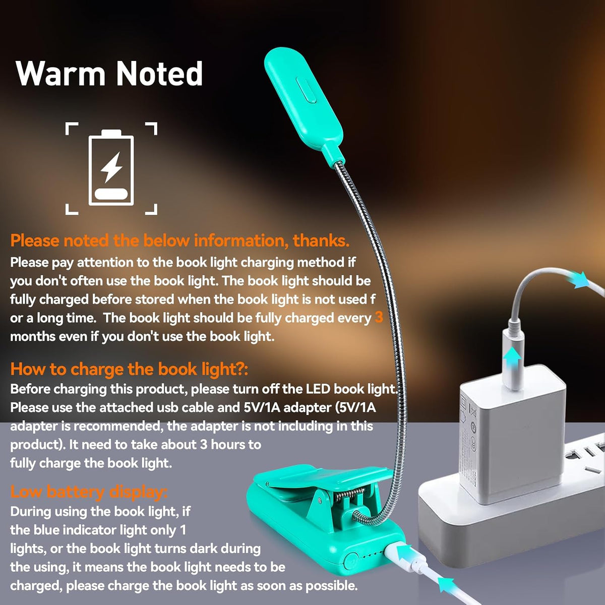 VAVOFO Rechargeable Book Light, Blue Light Blocking, Amber 1600K Clip On Reading Light, Eye Care 7 LEDs Kids Book Light for Reading in Bed with Power Indicator for Bookworms (Neon Orange)