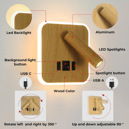 Plug in Wall Sconce with Wall Mounted Reading Lights with Switch | Wall Lamp for Bedroom with Charging Station USB C+A Ports,Bunk Bed Lights with 3W+9W Night Light,Walnut Color Reading Light