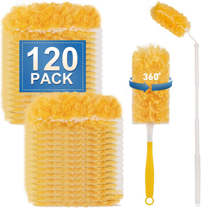Heavy Duty Duster Refills, Disposable Dusters Kit for Cleaning Dusting Furniture Blind Ceiling Fan, Multi Surface 360 Feather Duster(60)+3FT Extended Handle +1 Handle