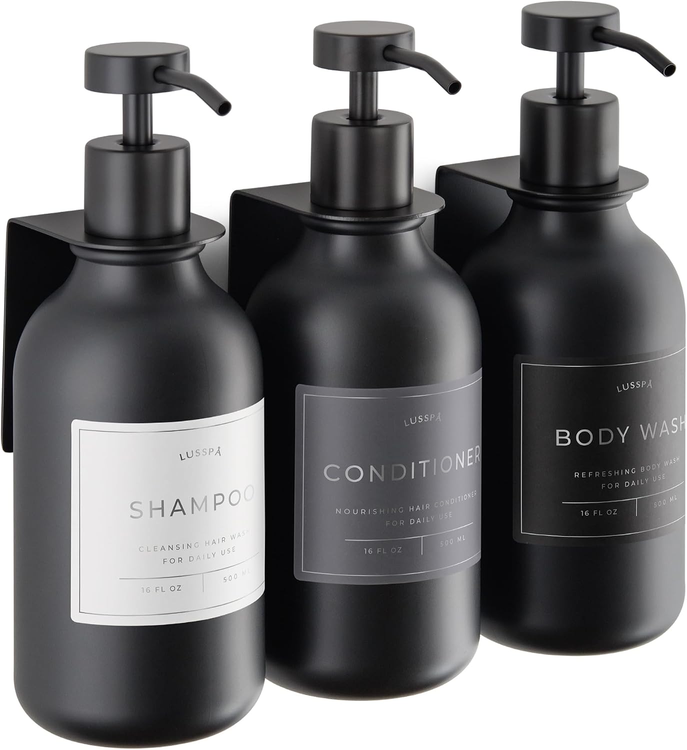 Shower Shampoo Dispenser Wall Mounted – 3 Refillable 16.9 oz Clear Bottles with Stainless Steel Pumps & No-Drill Adhesive Holders – Soap Dispenser Set for Bathroom (3 X Clear/Silver)