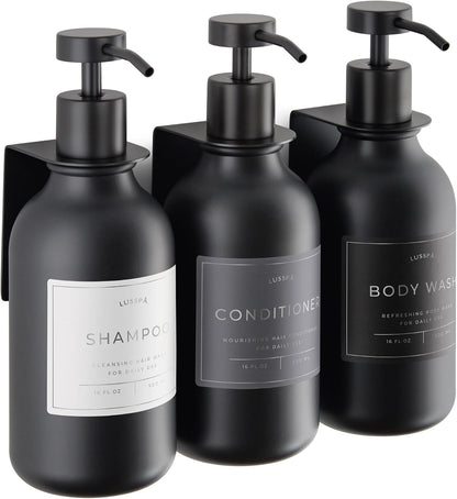 Shower Shampoo Dispenser Wall Mounted – 3 Refillable 16.9 oz Clear Bottles with Stainless Steel Pumps & No-Drill Adhesive Holders – Soap Dispenser Set for Bathroom (3 X Clear/Silver)